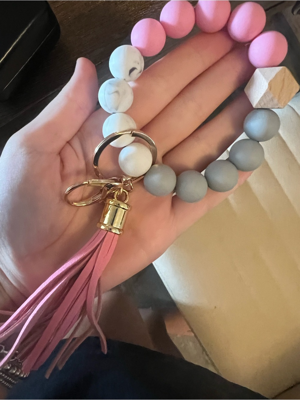 Beaded Tassel Keychain Wristlet - Pink, Gray & Marble